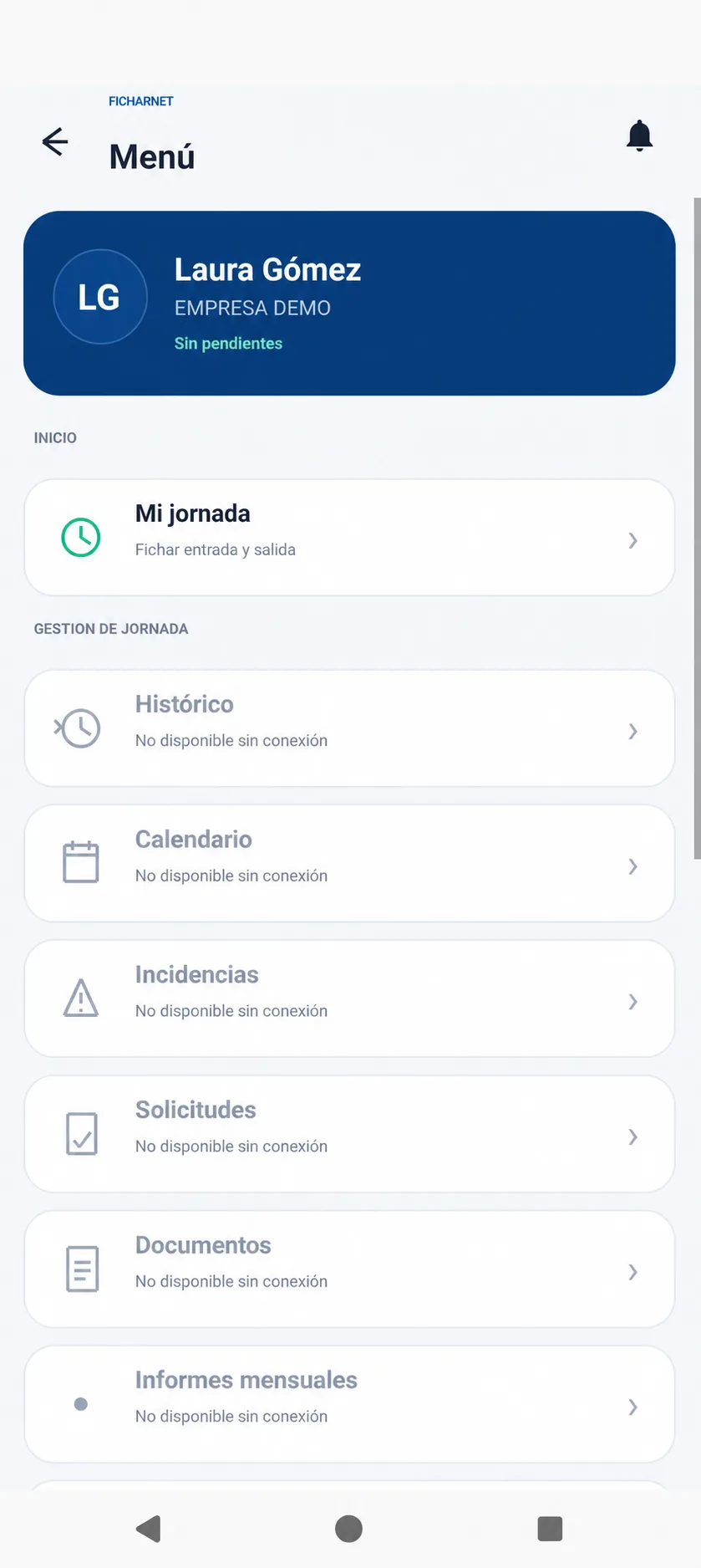 Menú principal de la app Android FicharNet